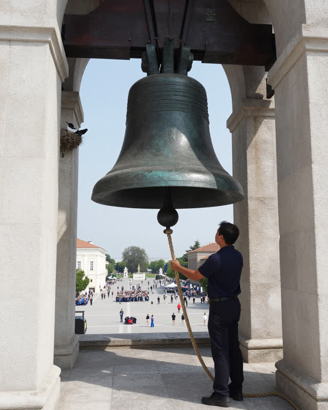 A precise medium-tension scene inside a tall civic bell tower shortly before a public ceremony. A bell ringer has stoppe