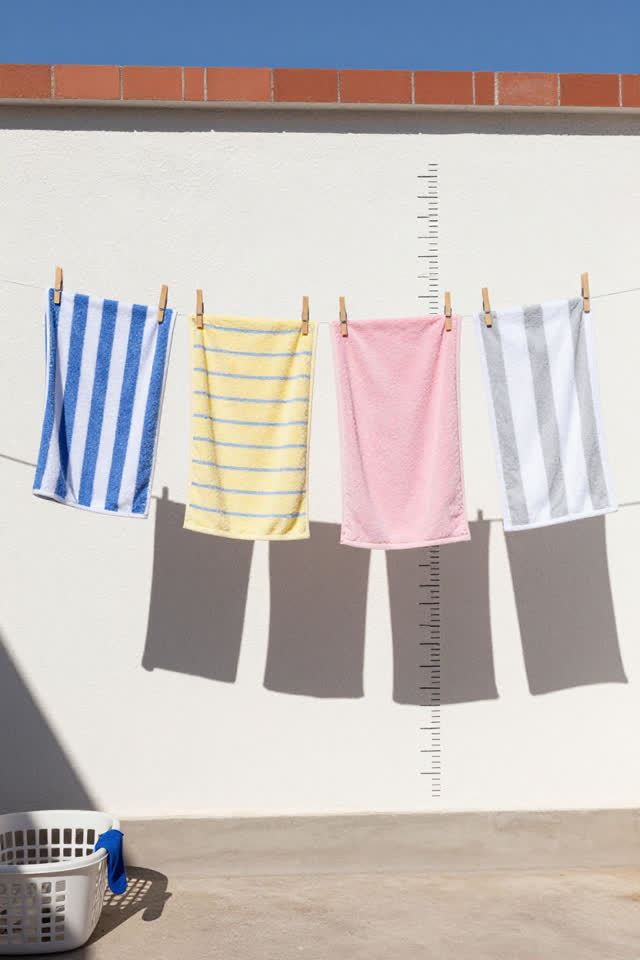 A bright playful image on a simple rooftop under hard high summer sun. Four ordinary striped towels hang naturally from
