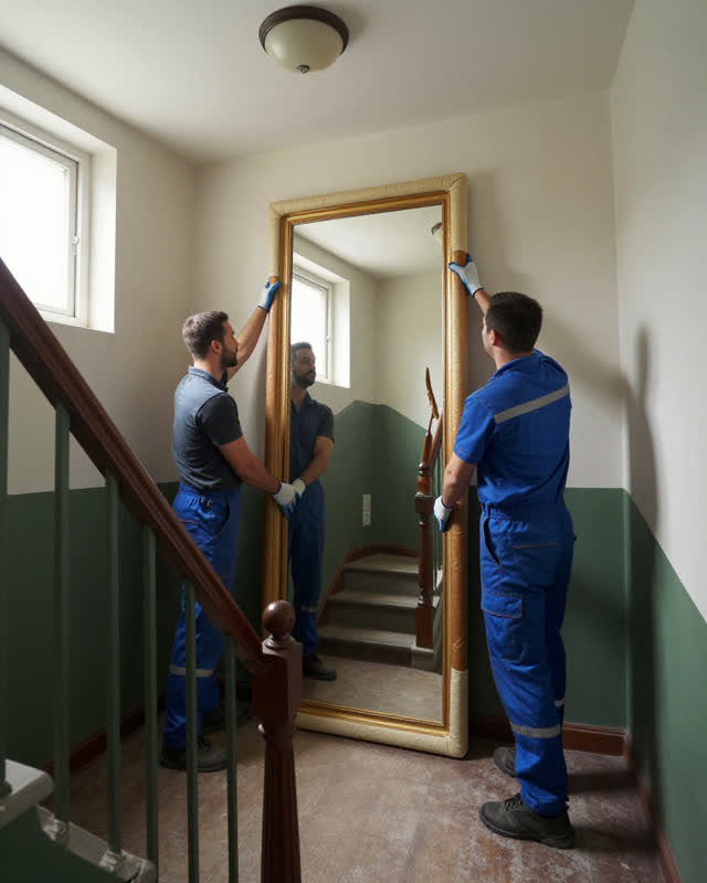 A precise medium-tension scene on a narrow apartment stair landing during a careful move. Two professional movers pause