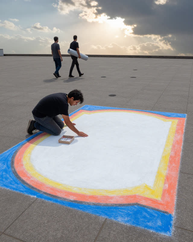 A precise medium-tension scene in a broad paved square where one artist kneels beside a nearly finished large chalk artw
