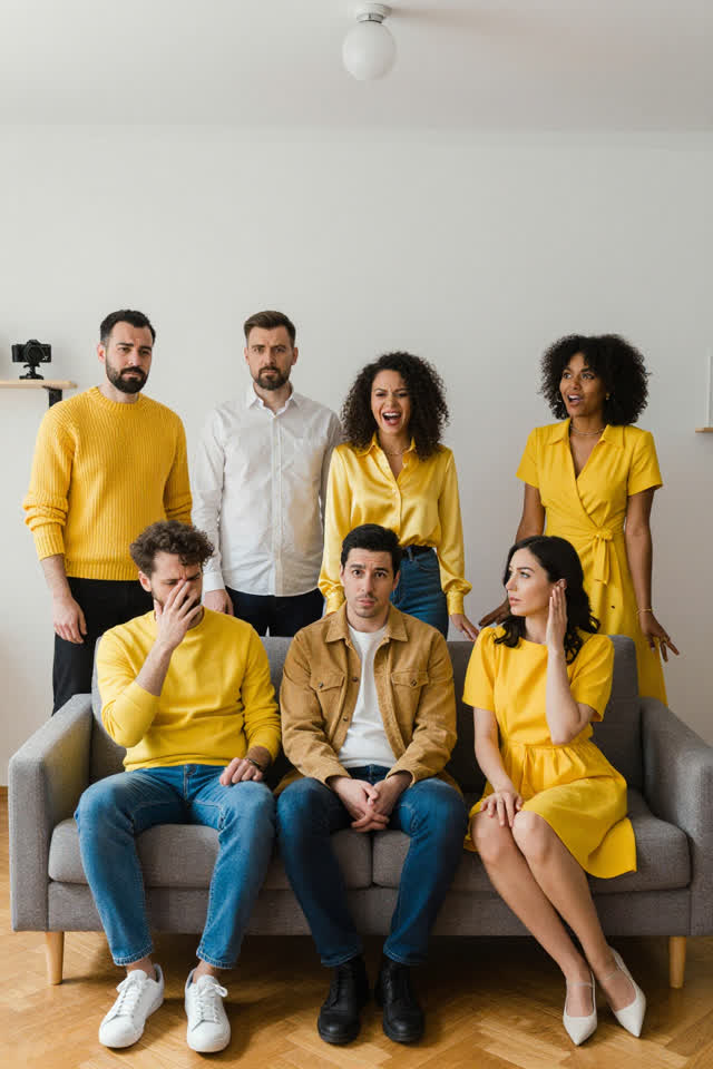 A bright playful scene in an informal apartment moments before a group photograph. Five adult friends stand and sit loos