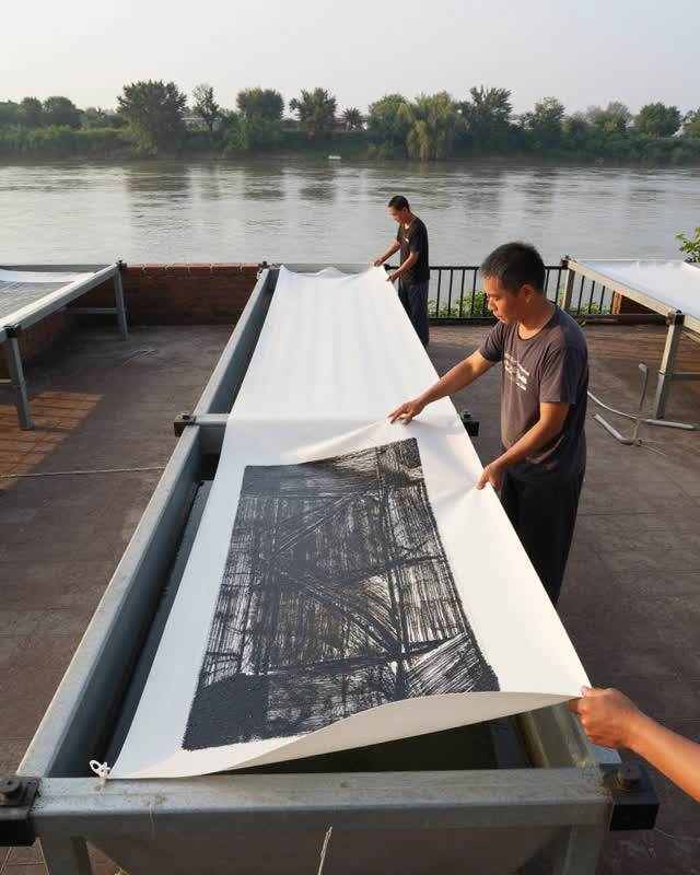 A precise medium-tension scene on an open riverside print-drying terrace in clear late-day light. One adult printmaker s