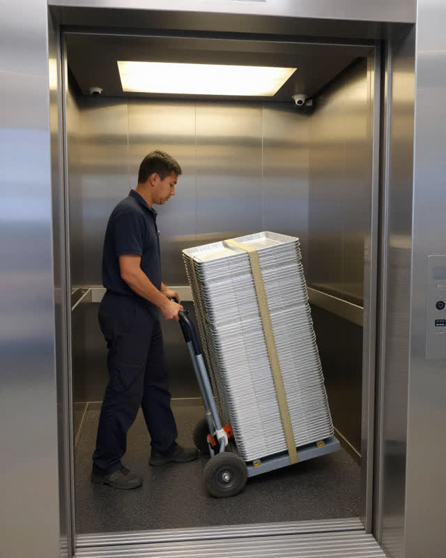 A precise medium-tension scene inside a plain freight elevator immediately after a firm but ordinary stop. One adult wor