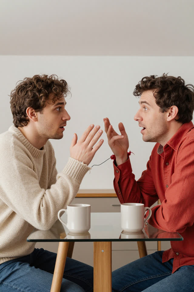 A bright affectionate domestic comedy in a breakfast nook during an animated conversation. Two adult friends sit at adja