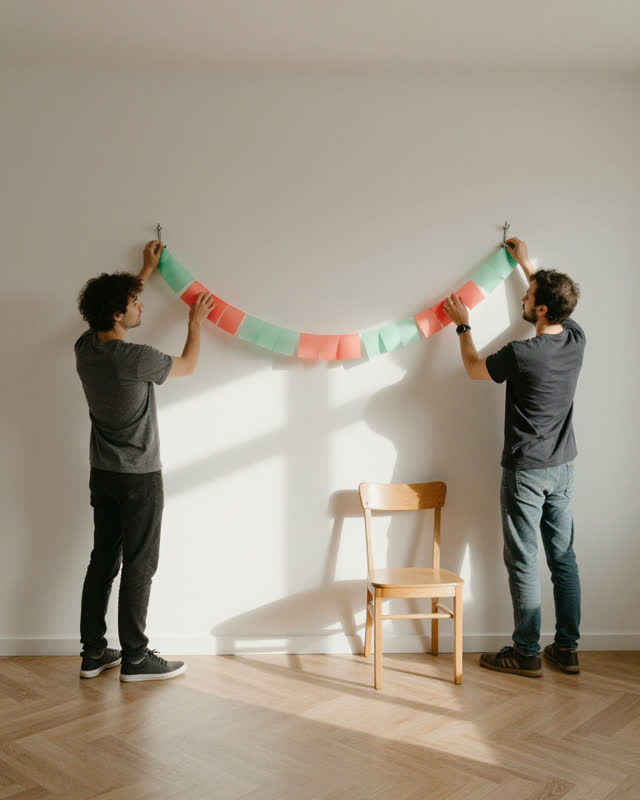 A precise low-tension scene in a plain apartment room being prepared for a celebration. Two adult friends stand securely