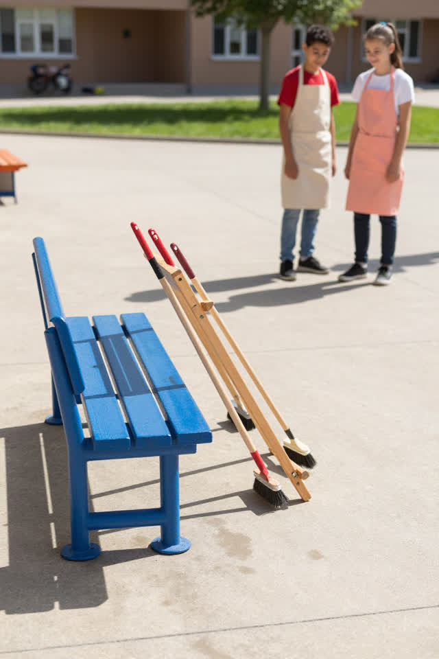 A bright physical joke in an open-air school art yard during cleanup. A freshly painted cobalt-blue bench stands alone o