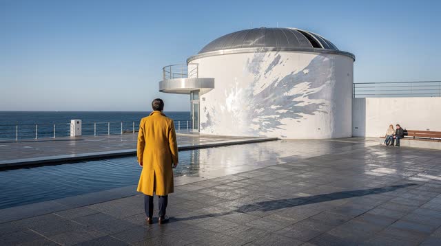 A lucid very wide coastal self-portrait on a broad wet-stone plaza facing a pale curved observatory. One adult stands lo