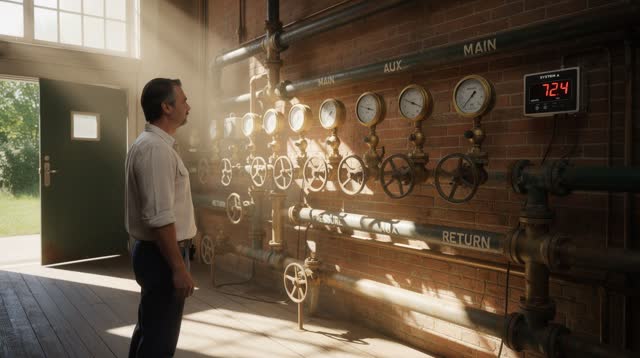 A lucid self-portrait in a warm municipal waterworks valve house on a bright summer afternoon. One adult stands at a res