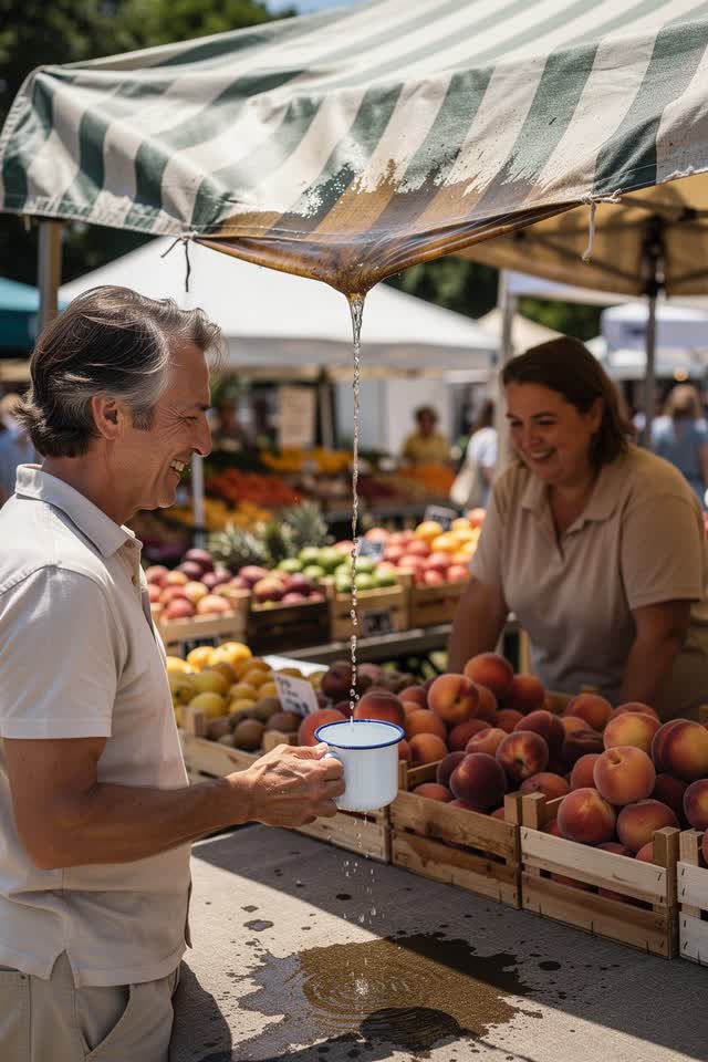 A bright physical joke at a sun-drenched summer farmers' market. A canvas market awning over a fruit stall has developed