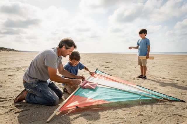 A tender practical repair on a broad uncrowded public beach during a mild breezy afternoon. One adult kneels comfortably