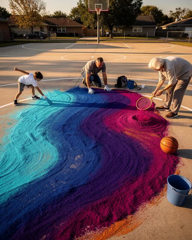An integrative color-led celebration on a neighborhood basketball court in warm late-day sun. Three clearly distinct gen