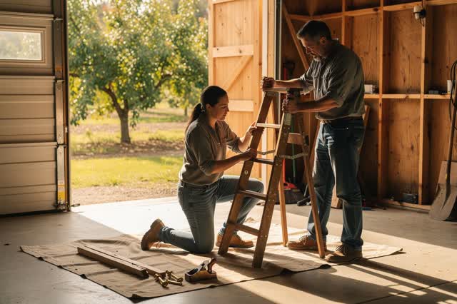 A tender practical repair in a sun-warmed neighborhood tool shed serving a community orchard. One adult kneels on a clea