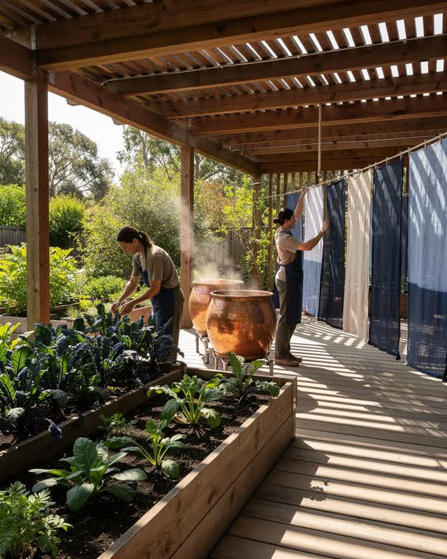 An integrative wide scene at a botanical garden where a natural dye garden and an open-air textile workshop share one co