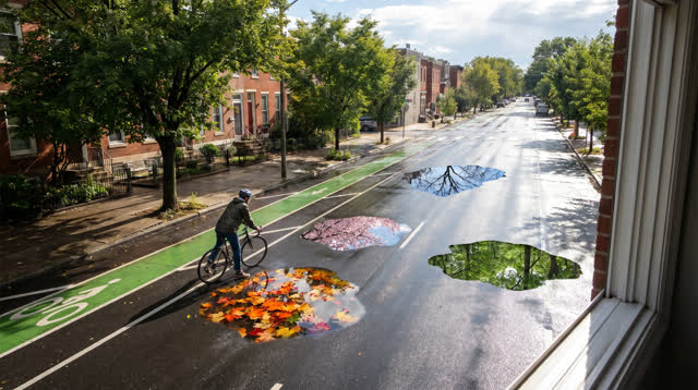 A buoyant dream on a wide residential street immediately after a summer shower. The street, trees, air, and buildings re