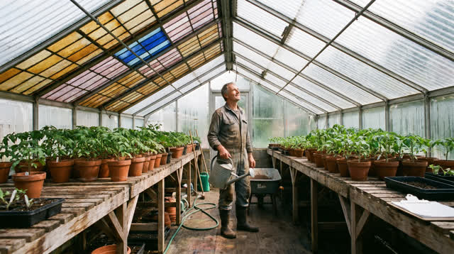 A buoyant wide dream inside a community greenhouse at summer dawn. One section of the practical translucent roof has bee
