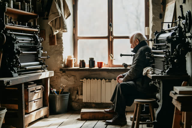 A genuinely quiet small letterpress print shop in late afternoon after the day's run. One adult sits comfortably on a wo