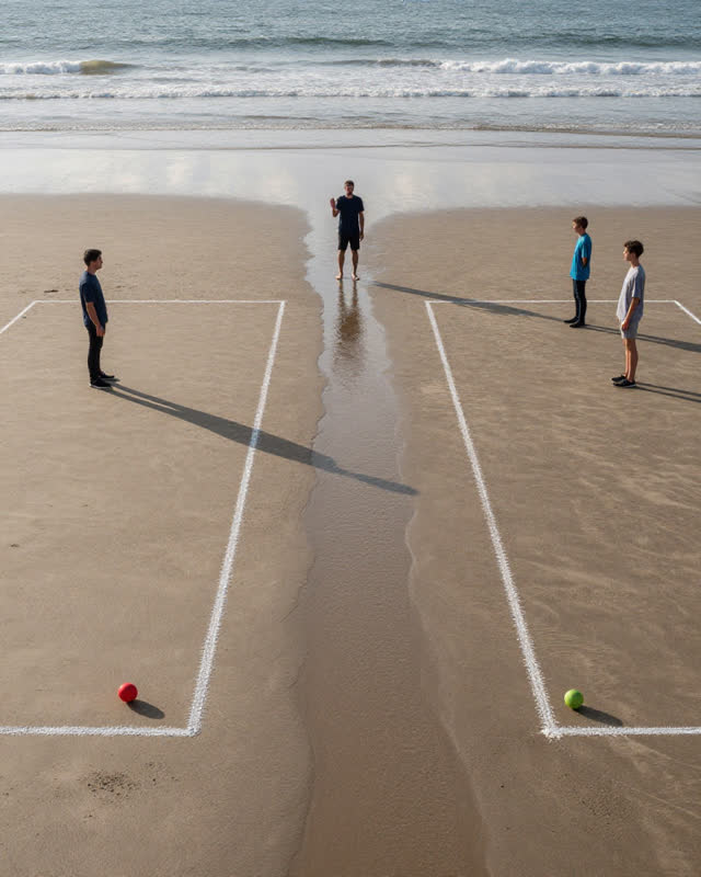 A restrained medium-tension scene on a broad public beach during a fast but ordinary incoming tide. Two adjacent recreat