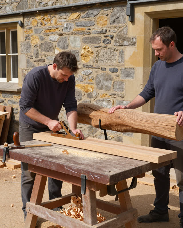 A bright challenging scene in an outdoor joinery yard beside a historic building under restoration. One adult craftspers