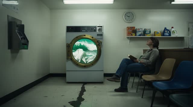 A buoyant dream inside a late-night self-service laundromat on a quiet residential street. One ordinary commercial cloth