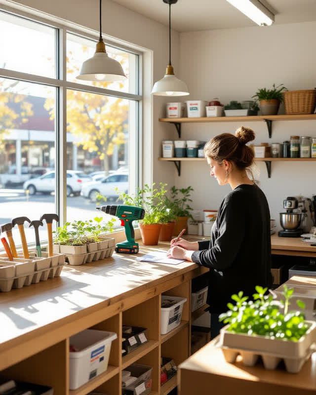An integrative scene inside a compact community storefront that houses both a tool lending library and a seed exchange u