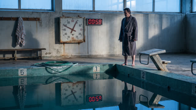 A lucid self-portrait at an honest public swimming pool during cold blue dawn. One adult stands at the pool's edge weari