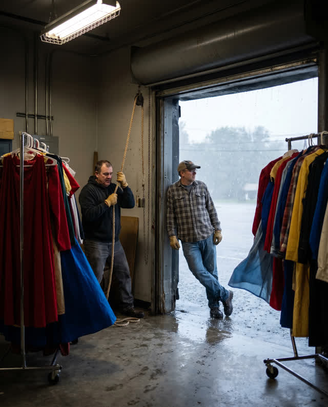 A restrained medium-tension moment inside a small community theater backstage during a sudden summer storm. The loading