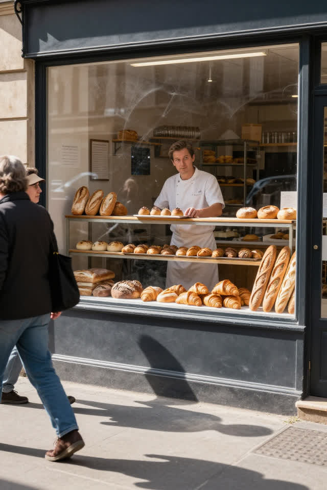 A bright physical joke on a sun-drenched neighborhood bakery sidewalk in late morning. The shop's large front window is