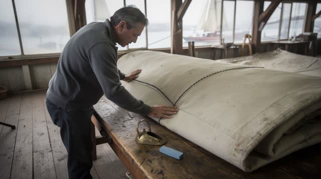A lucid self-portrait in an old sail loft above a working harbor. One adult stands beside a broad folded canvas sail, co
