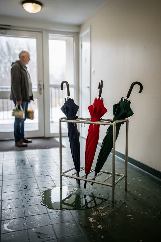 A bright, understated visual joke in a compact apartment-building vestibule just after rain. Four umbrellas stand in a s