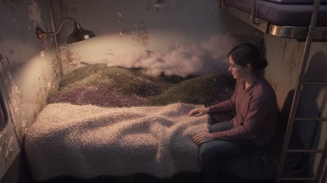 An inviting dream inside a worn overnight train sleeping compartment before dawn. Viewed from a gentle overhead angle, t