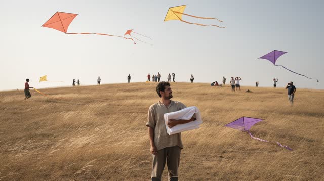 A lucid self-portrait at a broad hilltop kite gathering beneath a pale luminous noon sky. One adult stands clearly in th