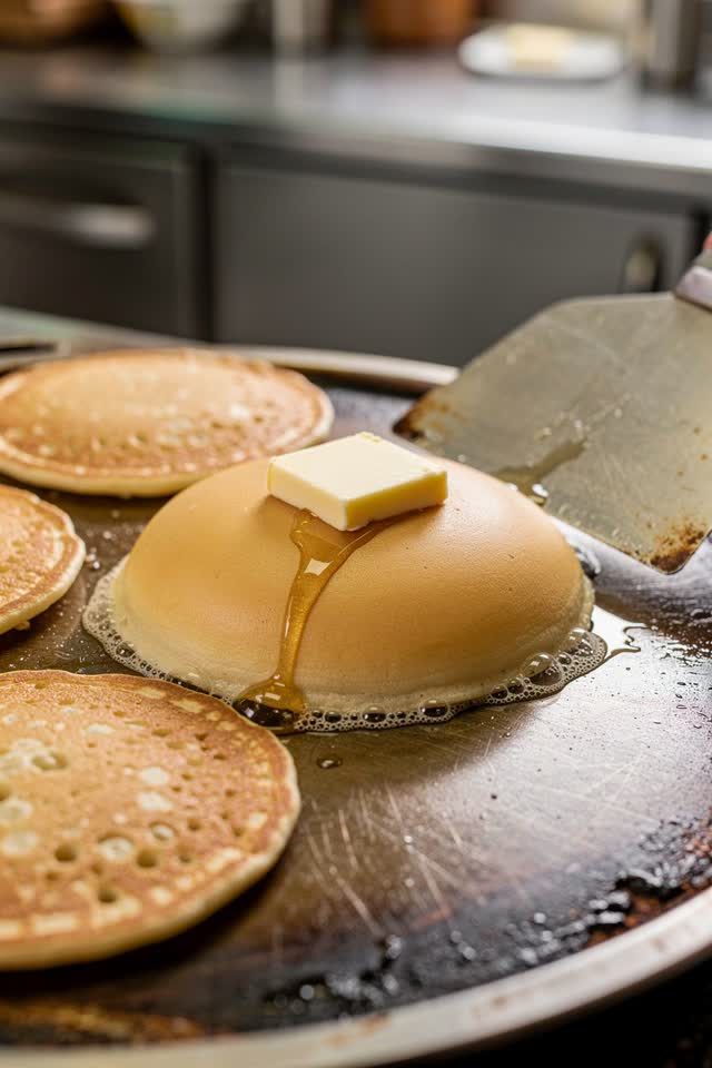 A bright physical joke at a small breakfast counter during the morning rush. From a close low angle across a seasoned st
