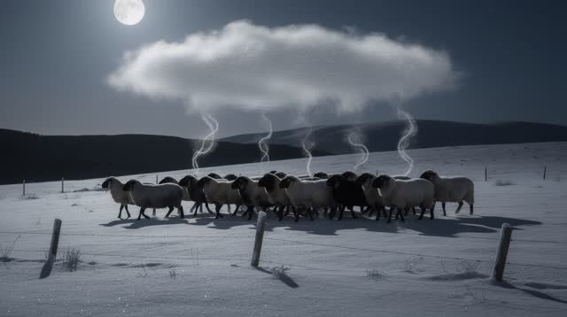 An inviting dream across a moonlit winter pasture. A flock of dark and cream sheep moves calmly from left to right over