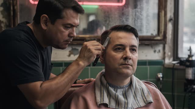 A lucid portrait-scale self-image inside a worn neighborhood barbershop during a humid afternoon. One barber leans natur