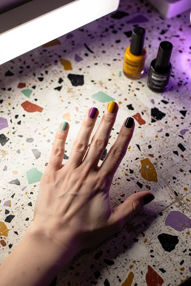 A crisp playful close-up in a compact neon-lit nail salon. From a near-overhead angle, one adult customer holds a freshl
