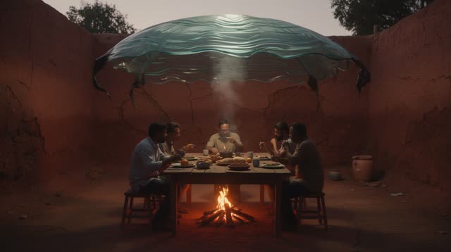 An inviting dream in a dry clay-walled courtyard during an evening family meal. A small ordinary wood cooking fire sends