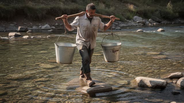 A lucid self-portrait at a shallow stone ford in clean early sunlight. One adult in ordinary work clothes crosses clear