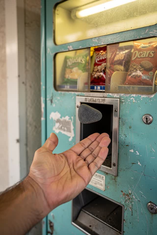A dry visual joke in the breezeway of a faded roadside motel. A scratched turquoise snack machine still contains a few o