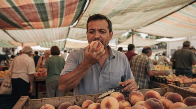 A lucid self-portrait in a busy open-air fruit market beneath faded striped shade cloth. One adult stands close to the f