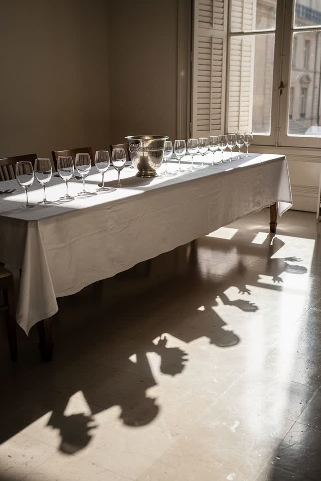 A dry uncanny joke in a formal dining room shortly before guests arrive. A long table holds a sparse row of ordinary emp
