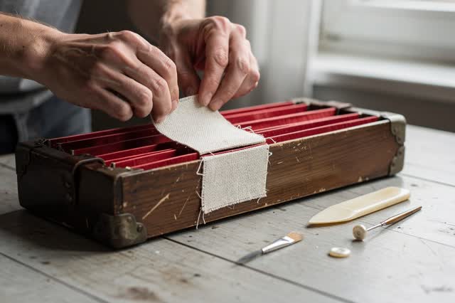 An intimate practical repair at a modest kitchen table. Frame one adult's hands carefully fitting a small cream linen pa