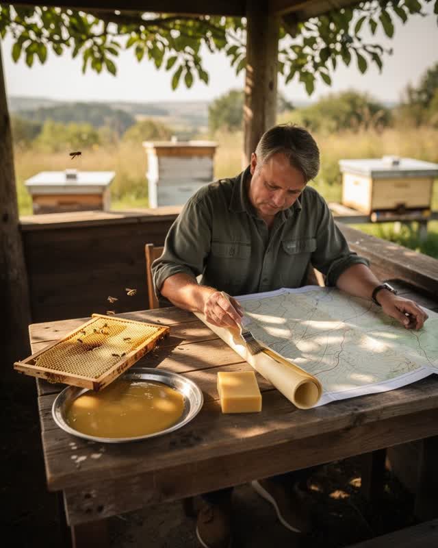 An integrated scene in a small open-sided rural survey hut beside working beehives. One field surveyor sits at a rough p