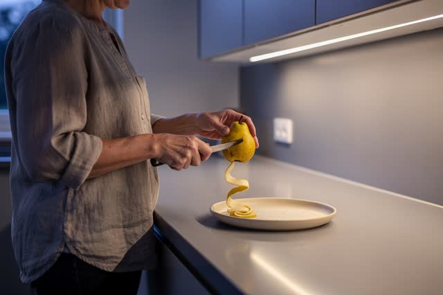 A genuinely quiet home kitchen at early blue hour. One adult stands naturally at a mostly empty counter, peeling a ripe