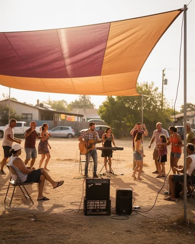 An integrated wide scene at a temporary neighborhood dance gathering on a dry open lot. A broad flexible photovoltaic fa