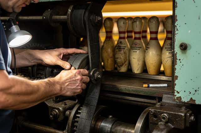 A practical repair in the narrow service aisle behind an old bowling lane. Frame a mechanic's torso and hands as they ca