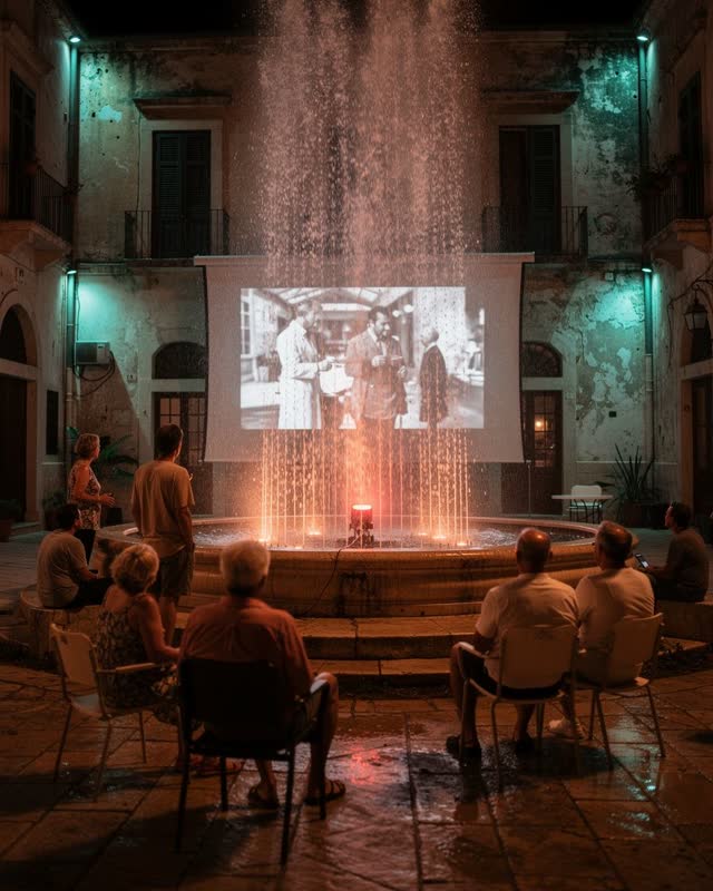 An integrated humid-night scene in an old polished-stone courtyard. A classic black-and-white film is projected onto a b
