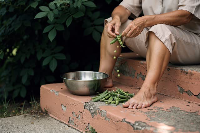 A genuinely quiet contemporary front stoop beneath dense summer foliage. One adult sits barefoot on faded salmon-painted