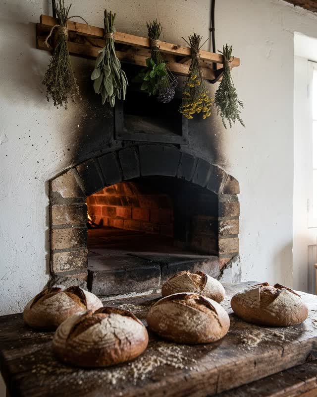 An integrated farmhouse bake room just after the morning bread is finished. Several modest loaves cool on a rough wooden