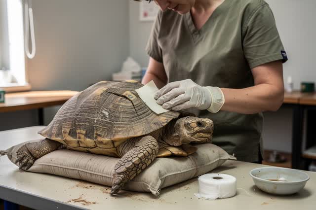 A humane repair in a modest wildlife rehabilitation clinic. A calm adult rehabilitator stands beside a large tortoise su