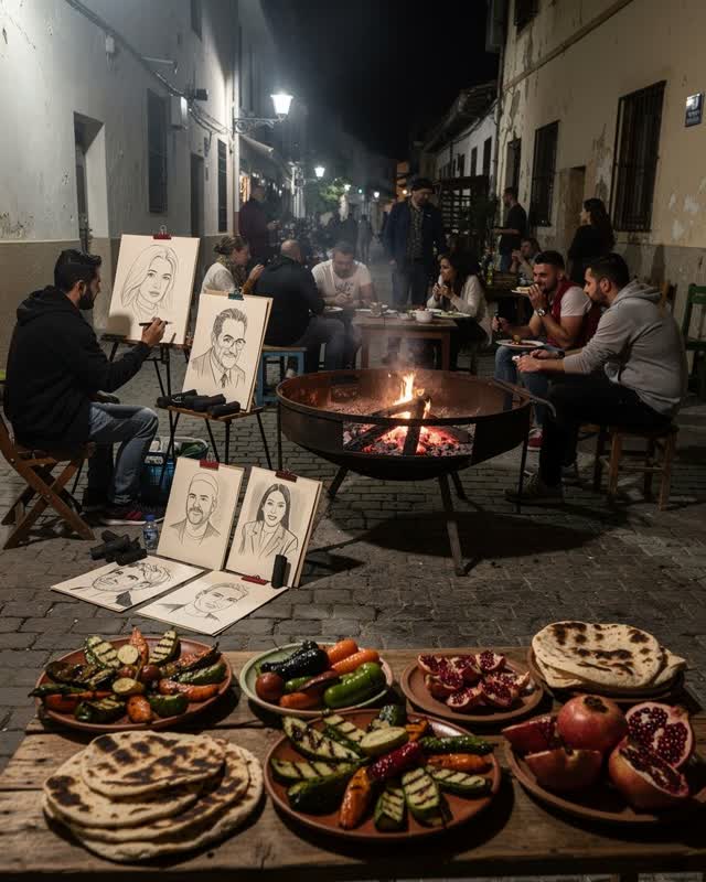An integrated night street feast centered on a broad communal charcoal brazier after most cooking is complete. Shared pl